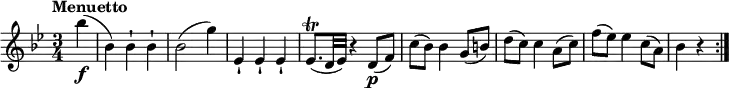 \relative c'' {
\key bes \major
\time 3/4
\tempo "Menuetto"
\tempo 4 = 110
\partial4 bes'4\f (bes,) bes-! bes-! bes2 (g'4)
ees,-! ees-! ees-!
ees8.\trill (d32 ees) r4 d8\p (f)
c' (bes) bes4 g8 (b)
d (c) c4 a8 (c)
f (ees) ees4 c8 (a)
bes4 r4 \bar ":|."
}