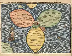 Mapa en trifolio (forma de trébol) de Heinrich Bünting. Jerusalén está puesta en el centro del mundo y alrededor Europa, Asia y África; en posible referencia a la Santísima Trinidad.