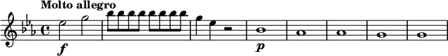 
\relative c'' {
   \version "2.18.2"
   \key es \major
   \tempo "Molto allegro"
   \tempo 4 = 150
   es2\f g |
  \repeat unfold 8 { bes8 } |
  g4 es r2 |
  bes1\p | as | as | g | g |
}
