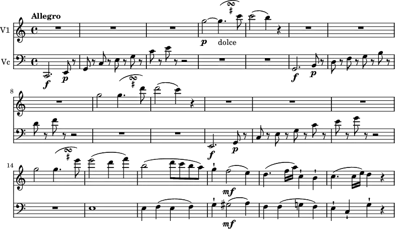 
<<
\new Staff \with { instrumentName = #"V1 "}  \relative c'' {
    \version "2.18.2"
    \key c \major 
    \tempo "Allegro"
    \tempo 4 = 130
    \time 4/4
    R1 R1 R1
    g'2\p ~ \transpose f g \relative c'' <<
         { f4._\markup{dolce} ( b8) }
         {
           s4
           \once \set suggestAccidentals = ##t
           \once \override AccidentalSuggestion.outside-staff-priority = ##f
           \once \override AccidentalSuggestion.avoid-slur = #'inside
           \once \override AccidentalSuggestion.font-size = -3
           \once \override AccidentalSuggestion.script-priority = -1
           \single \hideNotes
           b8-\turn \noBeam
           s8
} >> c2 (b4) r R1 R1 R1
g2 \transpose f g \relative c'' <<
         { f4.( c'8) }
         {
           s4
           \once \set suggestAccidentals = ##t
           \once \override AccidentalSuggestion.outside-staff-priority = ##f
           \once \override AccidentalSuggestion.avoid-slur = #'inside
           \once \override AccidentalSuggestion.font-size = -3
           \once \override AccidentalSuggestion.script-priority = -1
           \single \hideNotes
           b8-\turn \noBeam
           s8
} >> d'2 (c4) r R1 R1 R1
g2 \transpose f g \relative c'' <<
         { f4.( d'8) }
         {
           s4
           \once \set suggestAccidentals = ##t
           \once \override AccidentalSuggestion.outside-staff-priority = ##f
           \once \override AccidentalSuggestion.avoid-slur = #'inside
           \once \override AccidentalSuggestion.font-size = -3
           \once \override AccidentalSuggestion.script-priority = -1
           \single \hideNotes
           cis8-\turn \noBeam
           s8
} >> e'2 (d4 f) b,2 (d8 c b a)
g4-! f2\mf (e4)
d4. (f16 a) c,4-! b-!
c4. (c16 e) d4 r
}

\new Staff \with { instrumentName = #"Vc "} \relative c {
    \key c \major 
    \clef "bass"
    \time 4/4
     c,2. \f e8\p r 
     g r c r e r g r
     c r e  r r2 R1 R1
     g,,2. \f b8\p r 
     d r f r g r b r
     d r f  r r2 R1 R1
     e,,2. \f g8\p r 
     c r e r g r c r
     e r g  r r2 R1 
     e,1 e4 f (e f) g-! gis2\mf (a4)
     f f (g! f)
     e-! c-! g'-! r
}
>>
