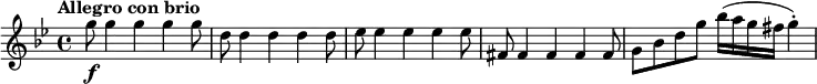 
\relative c''' {
  \set Score.tempoHideNote = ##t 
\tempo "Allegro con brio" 4 = 155
  \key g \minor
  g8\f g4 g g g8 |
  d8 d4 d d d8 |
  es8 es4 es es es8 |
  fis,8 fis4 fis fis fis8 |
  g8 bes d g bes16( a g fis g4)-. |
}
