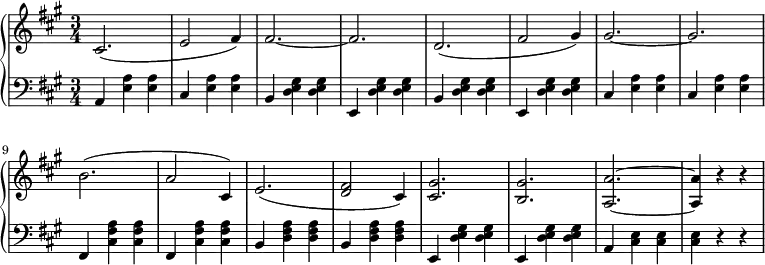 \relative g'' {
\new PianoStaff <<
\new Staff { \key fis \minor \time 3/4
\tempo \markup {
\column {
}
}
cis,,2.( e2 fis4) fis2.~ fis d2.( fis2 gis4) gis2.~ gis b( a2 cis,4) e2.( <d fis>2 cis4) <cis gis'>2. <b gis'> <a a'>~ <a a'>4 r r
}
\new Staff { \key fis \minor \time 3/4 \clef bass
a, <e' a> <e a> cis <e a> <e a> b <d e gis> <d e gis> e, <d' e gis> <d e gis> b <d e gis> <d e gis> e, <d' e gis> <d e gis> cis <e a> <e a> cis <e a> <e a> fis, <a' fis cis> <a fis cis> fis, <a' fis cis> <a fis cis> b, <a' fis d> <a fis d> b, <a' fis d> <a fis d>e, <d' e gis> <d e gis> e, <d' e gis> <d e gis> a <cis e> <cis e> <cis e> r r
}
>>
}