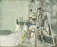 En color. Una enfermera aplica un aparatoso remedio a un enfermo que yace en segundo plano en la cama.