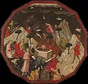 Escena de Giovanni Boccaccio de la Comedia delle ninfe Fiorentine , Descubrimiento de las ninfas de Ameto y contienda entre los pastores y Alcesto Acaten, c. 1410.