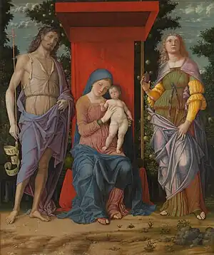 La Virgen con el Niño entre San Juan Bautista y María Magdalena, de Mantegna, ca. 1490-1505.
