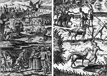 La imagen representa numerosas escenas con una criatura mitad caballo y mitad ave.