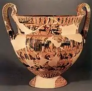 Vaso François, una crátera ática (del ceramista Ergótimos, pintada por Clitias (ca. 570&nbsp;a.&nbsp;C.) con distintas escenas mitológicas y decoración orientalizante. Hallada en una tumba etrusca.