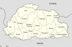 A map of Bhutan showing its 20 dzongkhags.