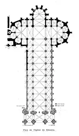Planta de la iglesia abacial (dibujo de Eugène Lefèvre-Pontalis. Extraído de L'église abbatiale de Chaalis (Oise), Caen, Henri Delesques Imprimeur-éditeur, 1903)