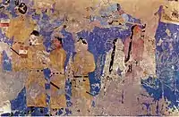 Embajada China (izquierda), portando seda y una ristra de capullos de gusano de seda, y delegaciones turcas (derecha), reconocibles por sus largas trenzas.