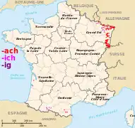 Terminaciones en -ach, -ich i -ig, derivadas d'-acum, solo en Alsacia y Lorena, en otros espacios es otro sufijo.