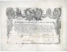 Acción de la Real Compañía de La Habana de 1747, grabado en cobre sobre pergamino. La Royal Trading Company tenía el monopolio de los productos textiles, la porcelana, el grano y la harina para su exportación a Cuba. Se importaban a la madre patria azúcar, tabaco y pieles de cuero. En los primeros 20 años, la empresa importó más de 5.000 esclavos.