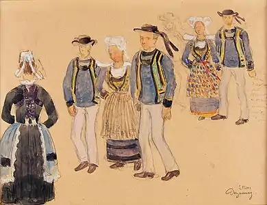 Trajes bretones, gouache, Quimper, museo departamental bretón .