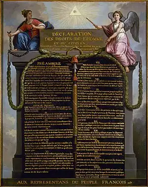 Declaración de los Derechos del Hombre y del Ciudadano, 26 de agosto de 1789. Con una voluntad universalista e ilustrada, supuso una invitación a la extensión de las ideas revolucionarias a las demás naciones.