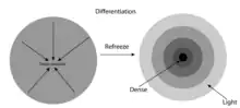 Un diagrama de la diferenciación de la Tierra. El diagrama muestra las diferentes capas de la Tierra y cómo los materiales densos se mueven hacia el núcleo de la Tierra.