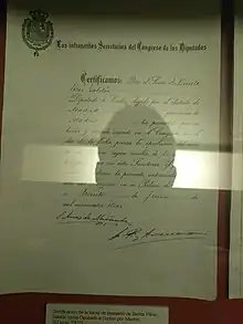 Certificado de toma de posesión como Diputado en 1910
