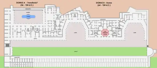 Reconstrucción hipotética de la planta de la Domus Aurea (Colina Oppia, Roma, actual Italia).