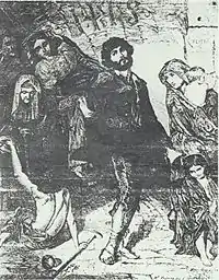 Muestra en blanco y negro de la acuarela Beggars at the church door at Rome, en la que se muestra un grupo de mendigos muy variado, con el portal de una iglesia de fondo.