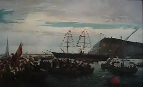 Embarque de los voluntarios catalanes a Cuba, en el puerto de Barcelona, 1872 (Museo Marítimo de Barcelona).