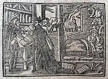 Grabado en madera de la edición de 1741, donde se representan la habitación donde duerme Don Quijote al mismo tiempo que en otra se realiza el "escrutinio".