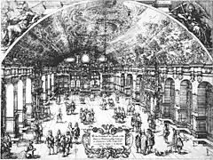 Antiguo grabado de la Neues Lusthaus de Stuttgart.