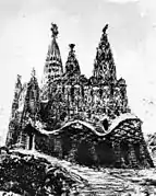 Fachada este de la Cripta Güell, dibujo original de Gaudí (1910)