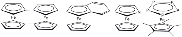 Varios derivados del ferroceno donde el ciclopentadienilo ha sido reemplazado por ligandos parecidos.