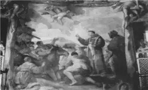 Fig. 30. Milagro del asno que se arrodilla ante la ostia reconociendo el cuerpo de Cristo. Fuente: Gutiérrez Pastor y Arranz Otero, p. 227.