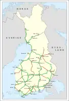 Red ferroviaria de Finlandia en 2010. &nbsp;&nbsp;&nbsp;&nbsp;&nbsp;Tráfico de pasajeros y cargas &nbsp;&nbsp;&nbsp;&nbsp;&nbsp;Tráfico de cargas solamente &nbsp;&nbsp;&nbsp;&nbsp;&nbsp;Tramos inactivos &nbsp;&nbsp;&nbsp;&nbsp;&nbsp;Ferrocarril histórico de Porvoo