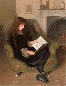pintura al óleo de una joven mujer en un vestido victoriano, sentada en una silla cerca de una estufa, leyendo un libro