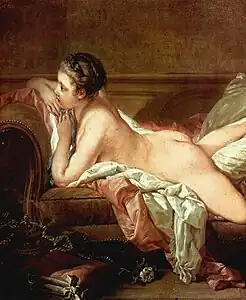 François Boucher. Joven recostada (fragmento), 1752. Óleo sobre lienzo, 59 x 73&nbsp;cm. Pinacoteca Antigua de Múnich