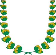 Puesto sobre el escudo, orlado de dos ramas cruzadas de genciana de sinople, florida de oro