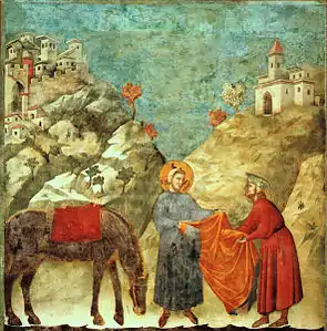 San Francisco dando su manto a un pobre, en la basílica superior de San Francisco de Asís, de Giotto o Pietro Cavallini, ca. 1290-1300.
