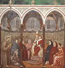 San Francisco de Asís predicando ante Honorio III, fresco de Giotto (Gótico italiano).