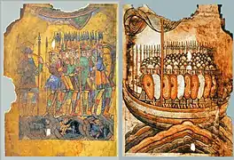 La milicia de Guérande frente a los vikingos en 919 - en: «Vie de Saint Aubin», manuscrito del siglo&nbsp;XI de la abadía de Angers, BNF