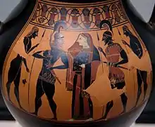 Reencuentro de Menelao y Helena. Cara B de un ánfora ática, h. 550 a. C. Procedencia: Vulci.