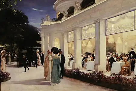 El restaurante Le Pré Catelan en el Bois de Boulogne (1905), al igual que los grandes almacenes de la época, tenía ventanas de vidrio del suelo al techo. Cuadro de Alexandre Gervex (1909).