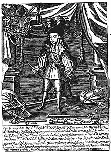 En el suelo, a la derecha, se aprecia lo que parece un mangual con tres largas cadenas de las que penden pequeñas bolas. Ilustración de Resumen de la verdadera destreza de las armas: en treinta y ocho asserciones, un manual de esgrima española de 1675.