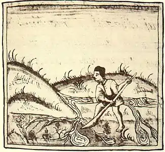 Irrigación con azuda del uictli de hoja. Códice Florentino libro XI f.228