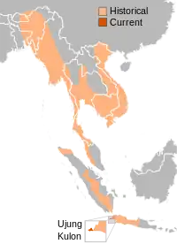 Rango de distribución del rinoceronte de javaMapa derivado del mapa de distribución de Foose y Van Strien (1997). No incluye la posible población de de Borneo descripta por Cranbook y Piper (2007).