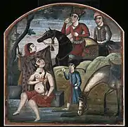 Cosroes II descubre a Shirin bañándose, del ciclo pictórico Ocho asuntos poéticos mediados del siglo XVIII. Brooklyn Museum