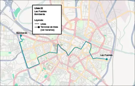 Recorrido de la línea 22 de Avanza Zaragoza en la ciudad de Zaragoza.