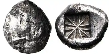 Moneda de Licia. Ca. 520-470&nbsp;a.&nbsp;C. Acuñación con cuño del anverso gastado.