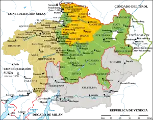 Las Tres Ligas grisonas y sus territorios sometidos. Se observa la estratégica situación del territorio entre el Milanesado, el Tirol, la condeferación suiza y la república veneciana.
Frontera suiza moderna
Fronteras jurisdiccionales
Tres ligas:
Liga Gris (1424-)
Liga de las Diez Jurisdicciones (1436-)
Liga de la Casa de Dios (1367-)
Zonas sometidas a las Tres Ligas (1512-1620, 1639-1797)
Zonas perdidas antes de 1797:
* Untercalven: perdida de 1616
* Tre Pievi: 1512-1524