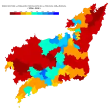 Crecimiento de población por municipio entre 2008 y 2018.