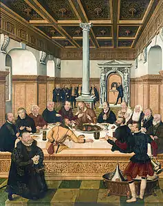 Cristiandad occidental (protestante): La última cena, de Lucas Cranach el Joven (1565). En primer plano, en posición orante, el comitente, Joaquín I de Anhalt-Dessau, y el propio pintor, representado como copero. Lutero y Melanchton son representados como apóstoles.