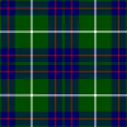 A swatch of fabric in a plaid or "tartan" design.  On a green background appear four squares composed of a broad blue stripe overlaid with a thin red stripe.  Over each square is superimposed two thin white stripes forming a cross.