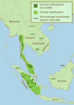 alt=* Distribución actual a partir de 2003 (verde oscuro).
* En verde claro distribución histórica.