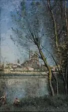 La colegiata, pintada por Corot, vista desde la isla de Limay, después de 1860, 52,1 x 32,6 cm, Reims, Museo de Bellas Artes.