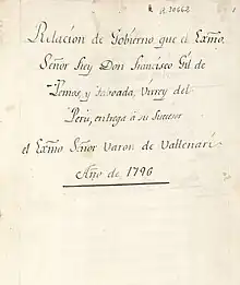 Manuscrito de Perú (F. Gil de Lemos).Portada.